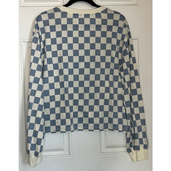Women's Vans Blue White Checkerboard Long Sleeve Knot Front Tee L - Picture 3 of 7
